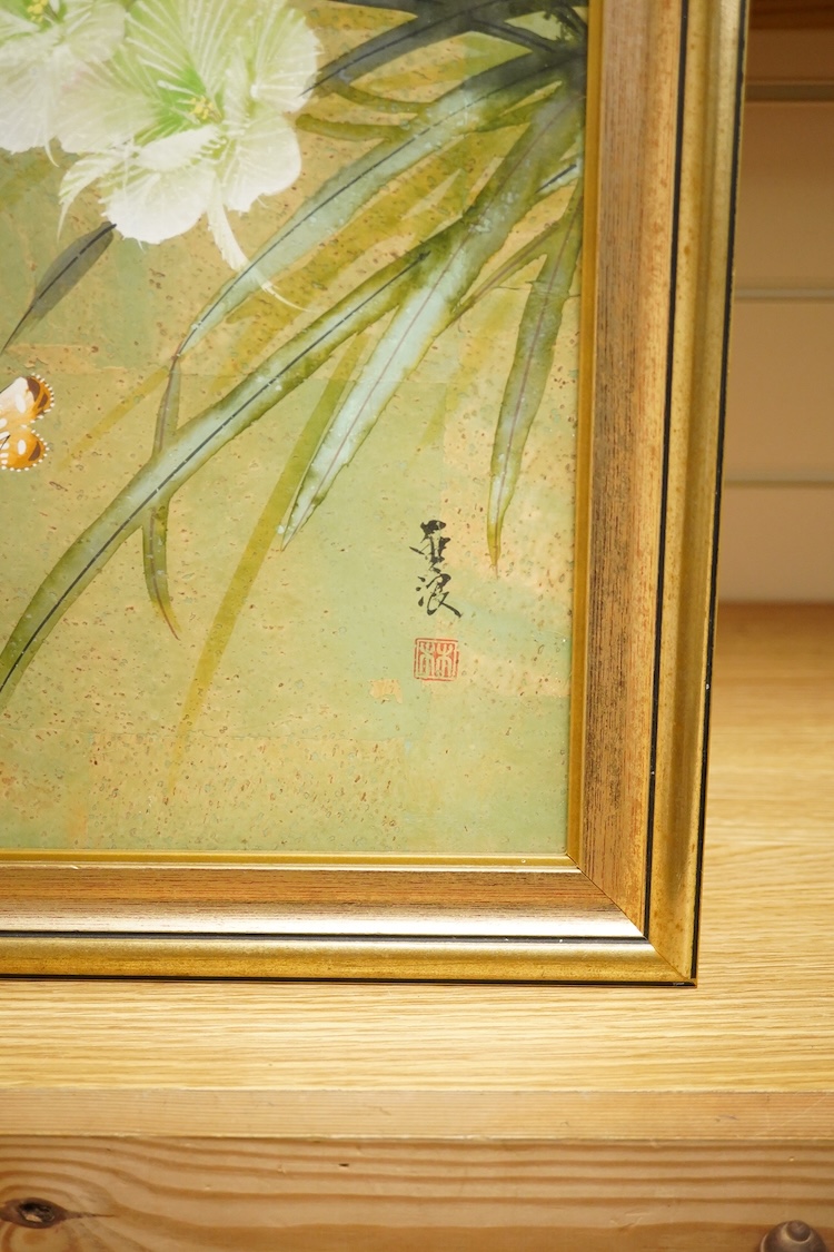 Chinese school, butterflies amongst flowers, mixed media on textured paper, signed with character marks and red seal mark, 38 x 28cm